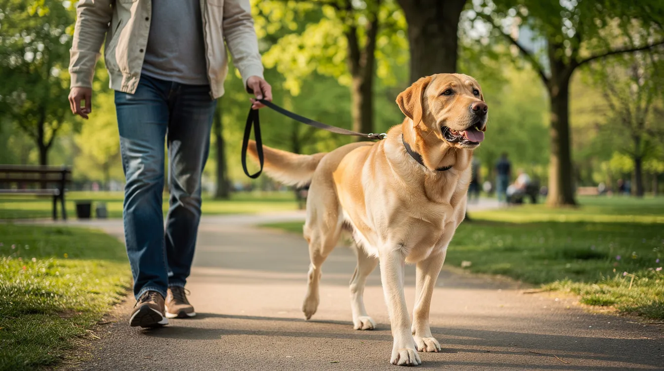 A large golden Labrador Retriever walks steadily alongside its owner in a lush green park, showcasing its healthy joints and mobility. This scene reflects the importance of joint support for dogs, highlighting the benefits of supplements like green lipped mussel powder for maintaining joint health and reducing stiffness.