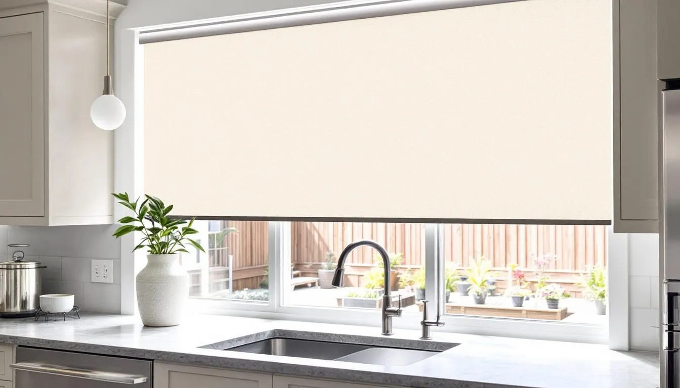 Custom electric roller shades displayed in a bright kitchen setting.