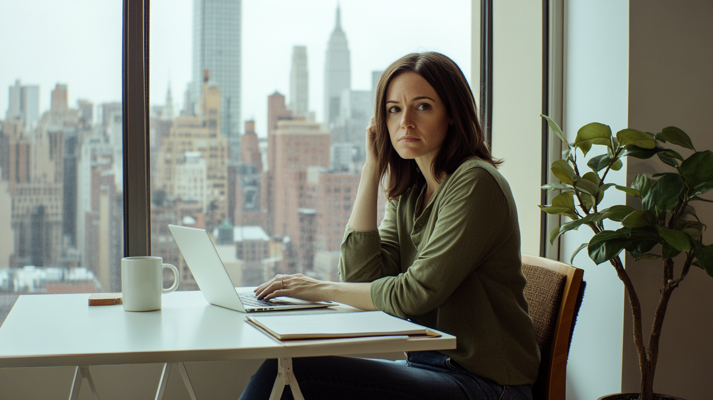 Manhattan professional considering online couples therapy NYC between work meetings from her home office.