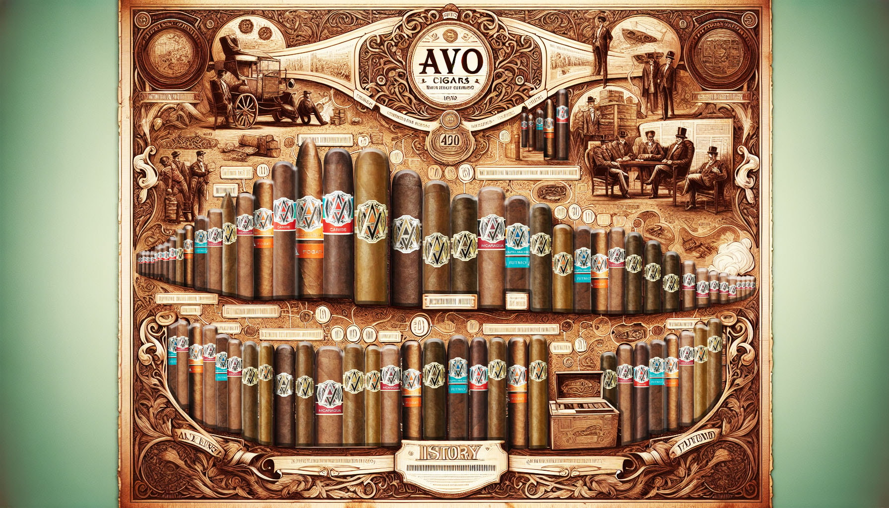 An illustration of the history of Avo Cigars, featuring a timeline and vintage cigar illustrations.