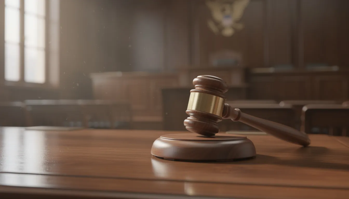 Na biurku w sali sądowej leży młotek sędziowski, symbolizujący wymiar sprawiedliwości i odpowiedzialność karną w sprawach przestępstw narkotykowych, takich jak handel narkotykami czy posiadanie substancji psychotropowej. W tle widać elementy wystroju sali sądowej, które podkreślają powagę sytuacji związanej z karą pozbawienia wolności.