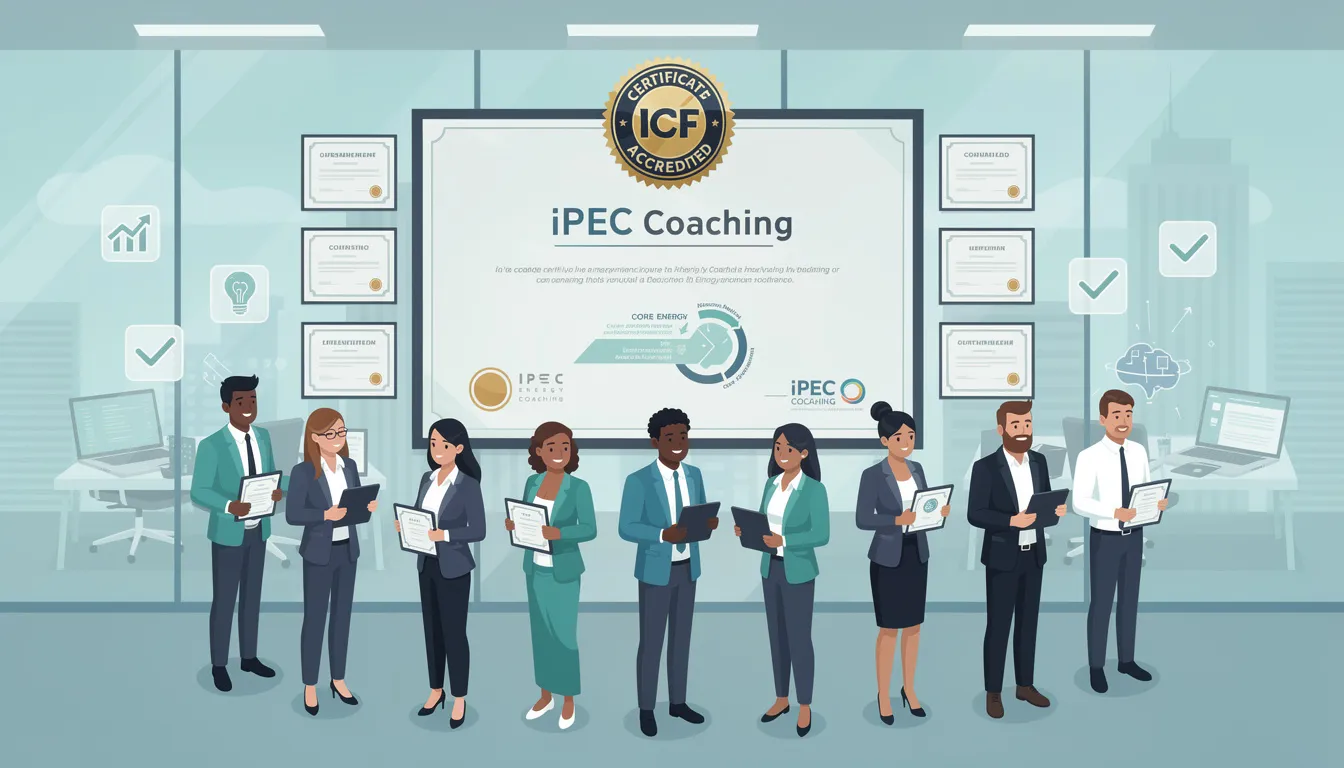The image illustrates the significance of coaching certifications in the coaching industry, showcasing various accredited programs like the ICF and iPEC Coaching certification. It emphasizes how these certifications enhance a coach's credibility and equip them with essential coaching skills to empower clients and facilitate mindset transformation for more fulfilling lives.