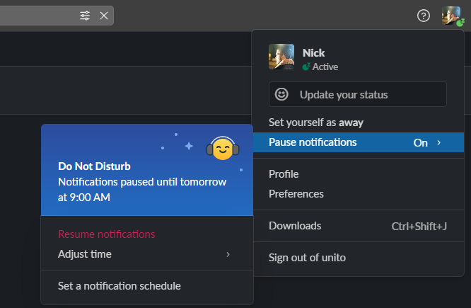 A screenshot of the pause notifications menu in Slack, a tip for improving productivity.