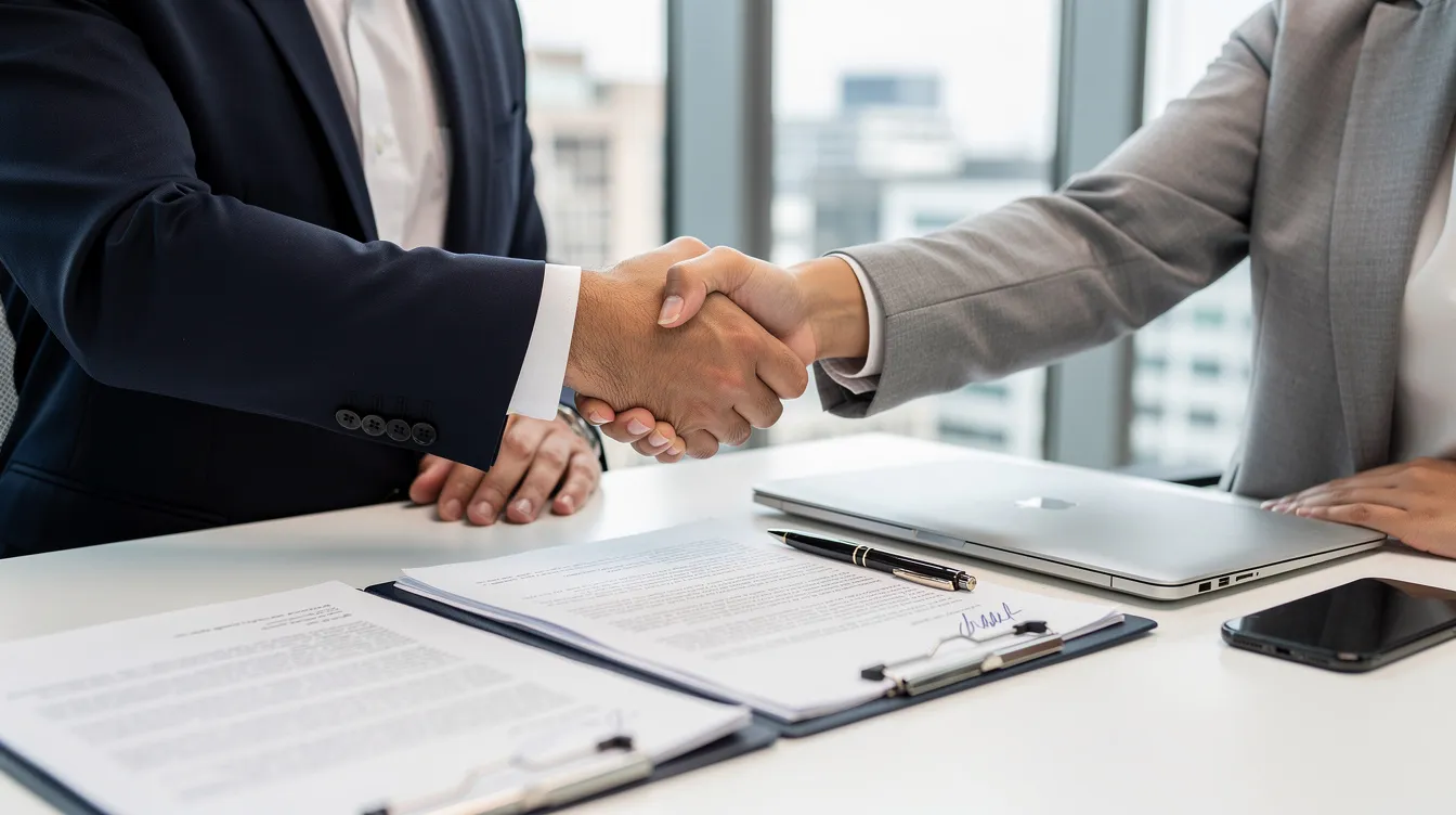 059345cc 7698 4d75 b0af 1b16a2b5bcbc The image depicts a handshake between two individuals in an office setting, surrounded by various financial documents on the table, suggesting a discussion related to a business loan or project report. This scene highlights the importance of effective communication and collaboration in securing funding for a small business or project, such as those under the mudra loan scheme.