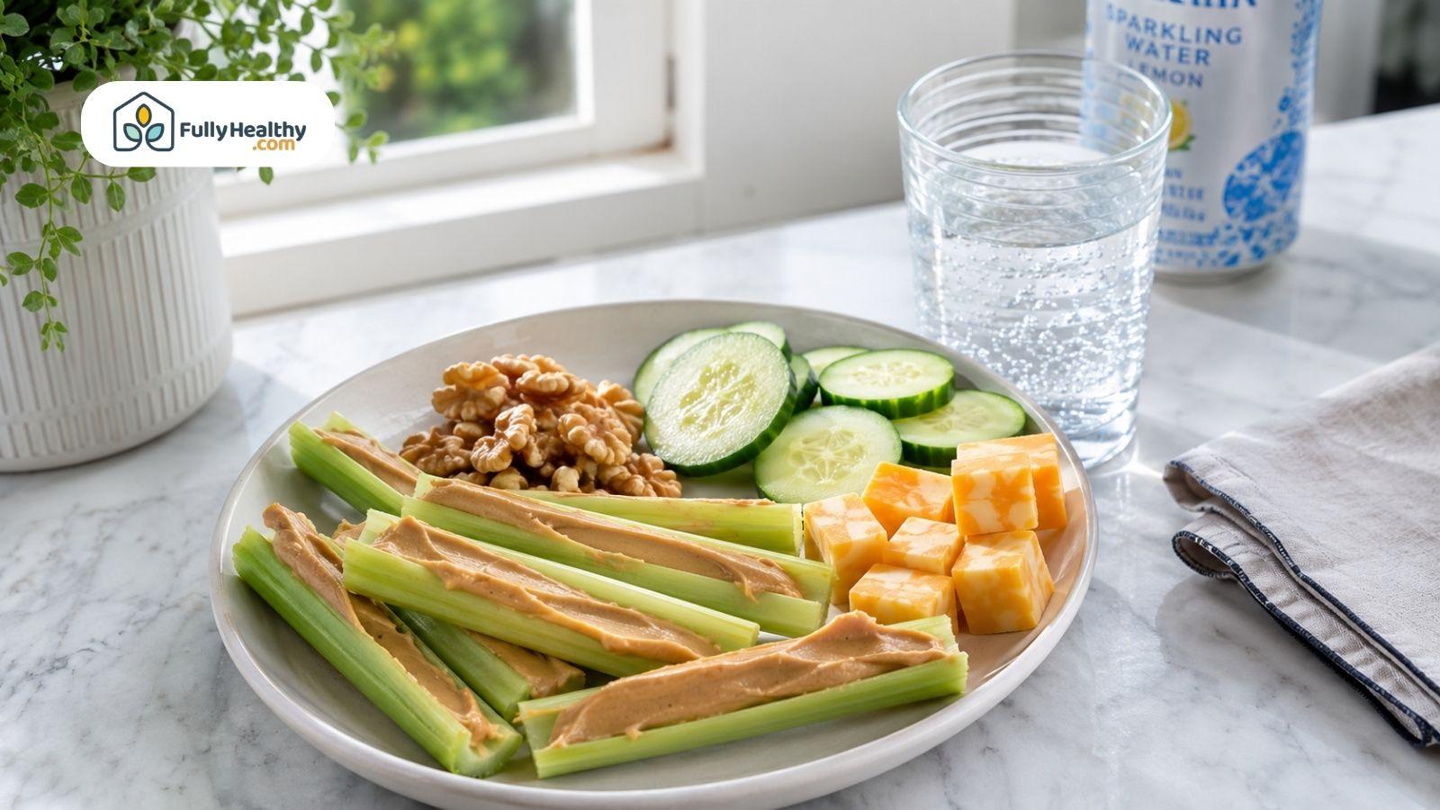 Celery sticks with natural peanut butter, cheese, cucumbers, and walnuts keto snack plate.