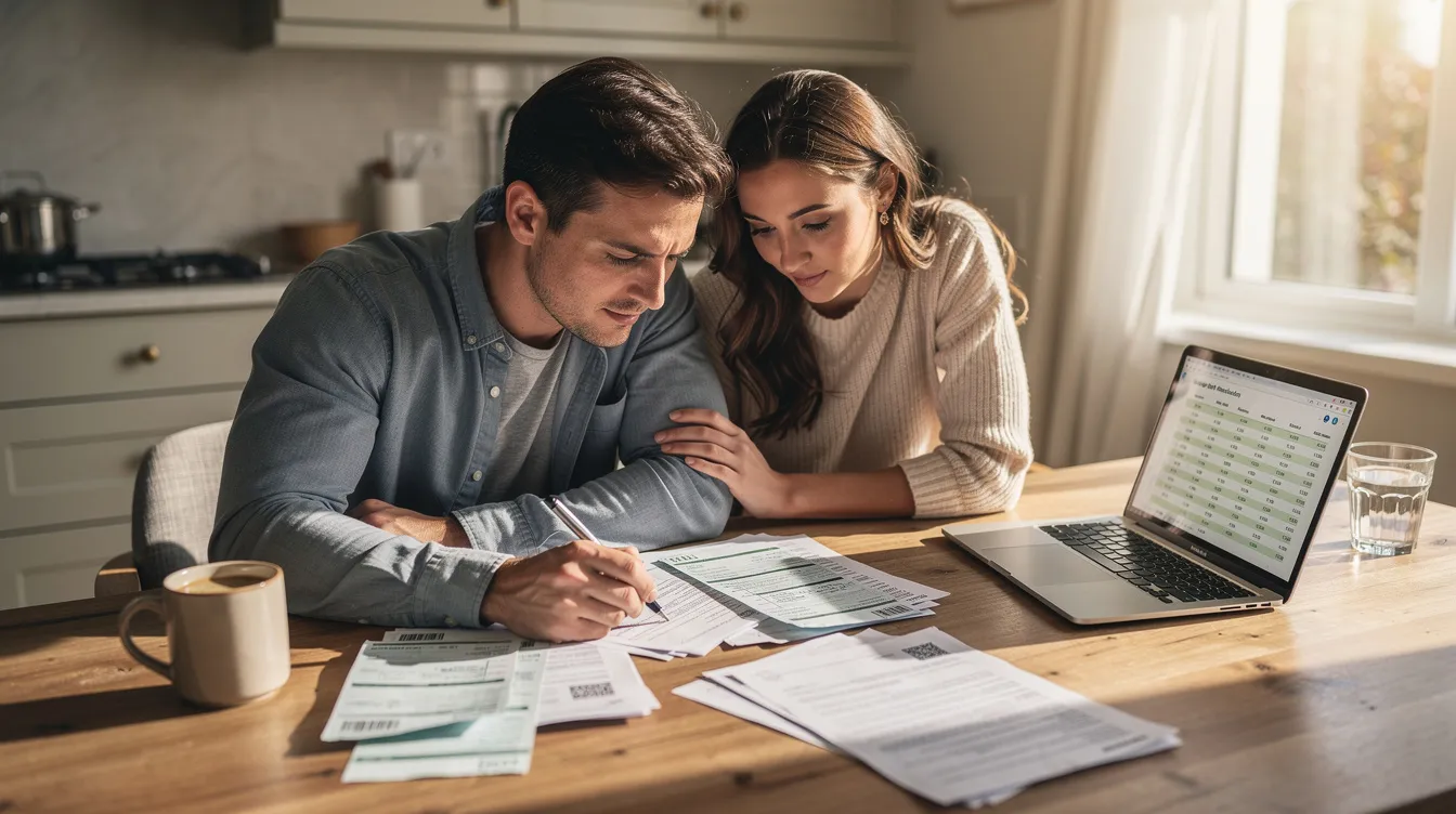 A couple sits at a kitchen table, reviewing financial documents and discussing their retirement plan, including retirement savings and future expenses. They appear focused and engaged, likely working with a financial advisor to make informed decisions about their retirement goals and investment strategies.