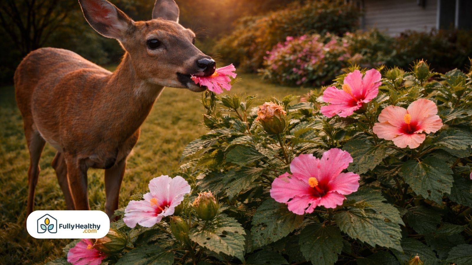 Deer biting pink hibiscus flower in residential garden during summer evening
