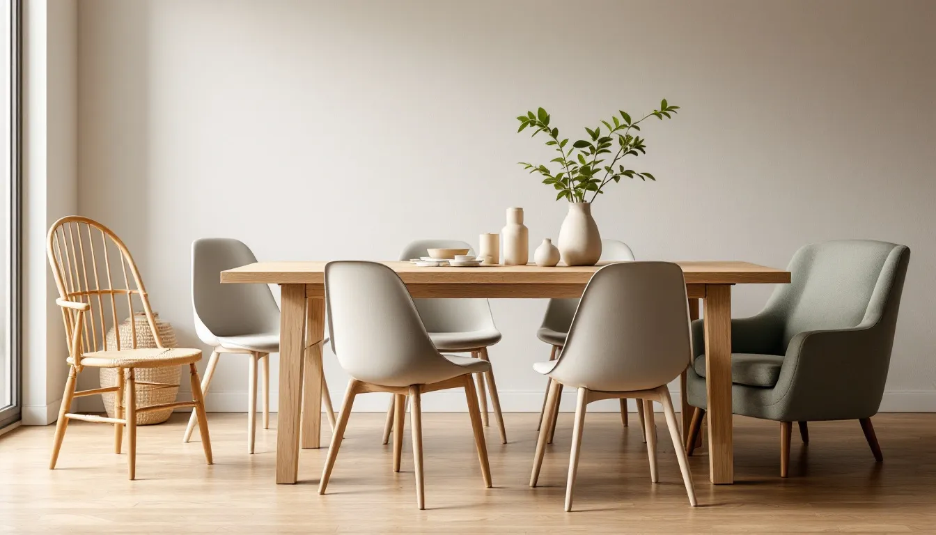 The image depicts a modern dining room featuring a variety of dining chair styles, including upholstered dining chairs and armless chairs, all harmoniously coordinated in a light grey color palette. A stylish dining table serves as the centerpiece, enhancing the elegant and timeless style of the space.