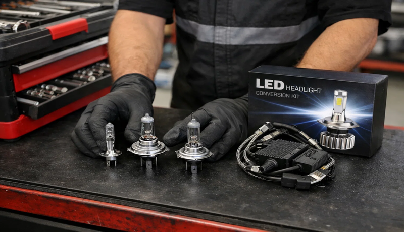 Technician selecting H1, H4, H7 headlight bulbs for vehicle replacement or upgrade