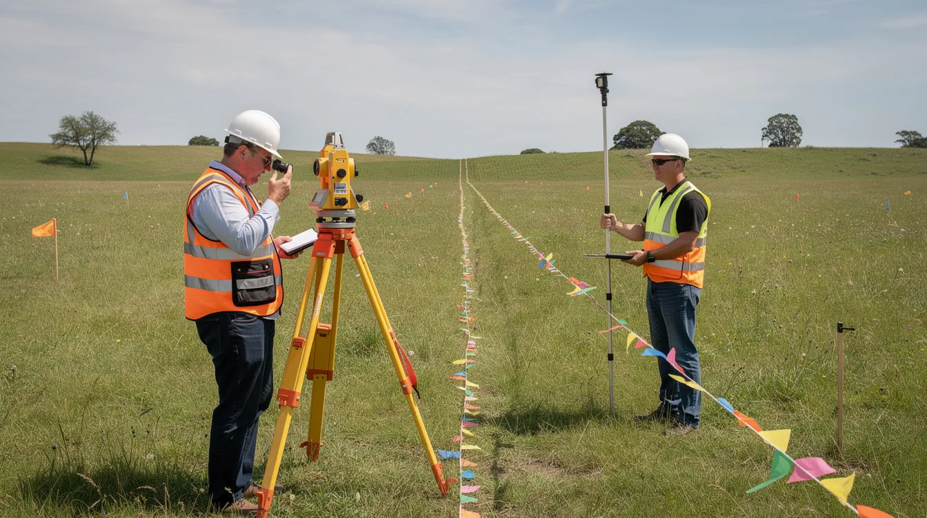 Surveyors are working in a grassy field, using measuring equipment and flagging tape to mark a proposed pipeline route, which is essential for pipeline projects and ensuring regulatory compliance. This scene highlights the importance of understanding property rights and easement agreements in the context of natural gas and oil pipeline construction.