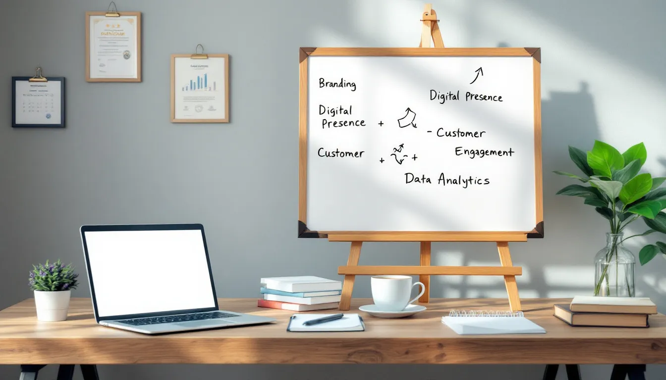 The image depicts a group of small business owners engaged in a brainstorming session, discussing essential marketing strategies to attract potential customers. They are exploring various marketing efforts, including social media advertising and email marketing, to enhance customer satisfaction and build brand awareness in today's digital world.
