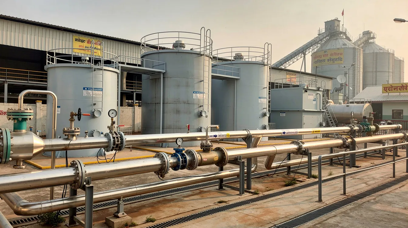 059d123c 28e3 42ac b90d 2150de1d0101 The image depicts industrial water treatment tanks and extensive piping systems at a grain-based ethanol distillery in India, showcasing the facility's critical role in ethanol production. This setup is essential for managing process water and wastewater, highlighting the importance of effective treatment systems in reducing operating costs and ensuring compliance with environmental standards.