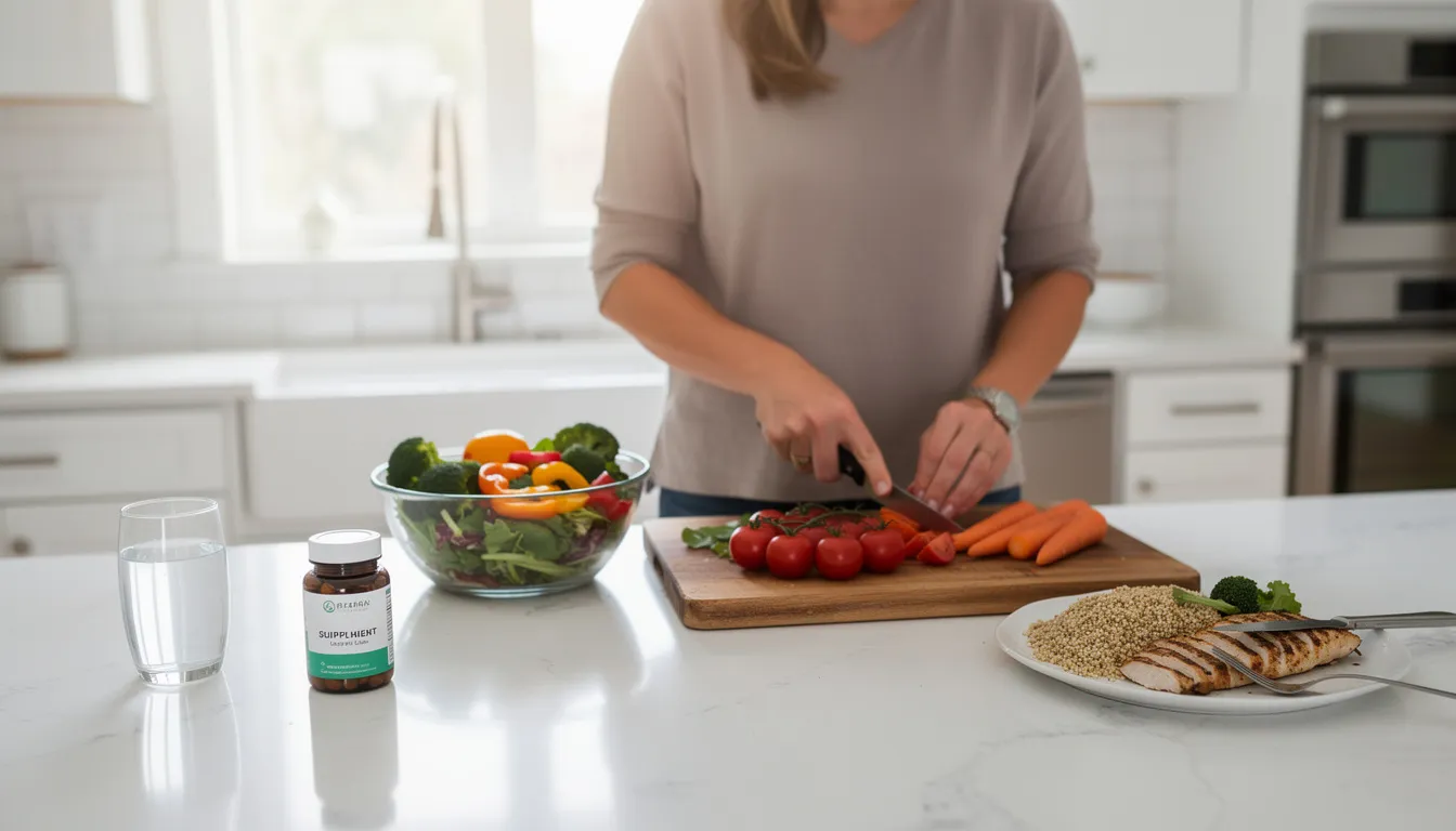 A person is seen preparing a healthy meal in a kitchen, with a small bottle of NMN supplements on the counter, symbolizing a growing interest in healthy aging and long-term wellness. This scene emphasizes the importance of nutrition and supplementation in supporting cellular energy production and overall health.