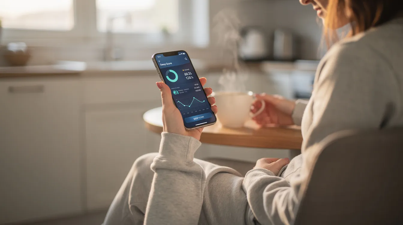 A person is sitting at a table, sipping morning coffee while reviewing sleep data on a smartphone app, focusing on metrics like sleep score and sleep stages. The app displays information about their sleep patterns, including deep sleep and REM sleep, providing insights for better sleep health.