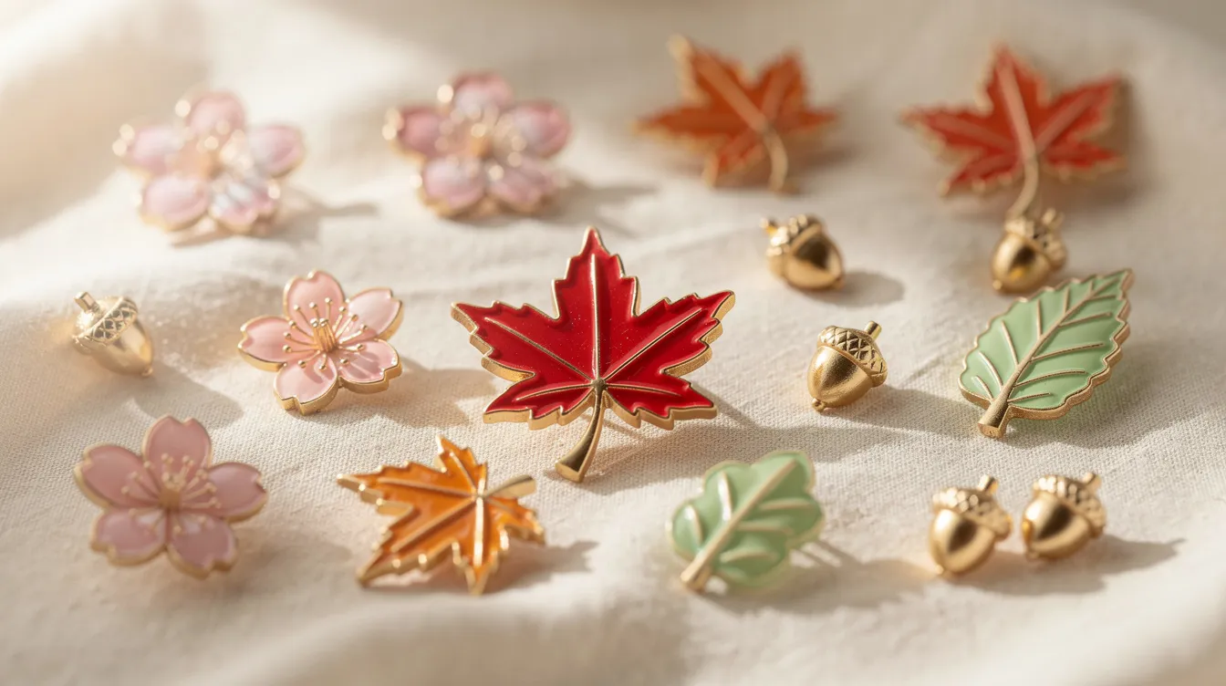 A collection of small decorative brooches shaped like cherry blossoms and maple leaves is beautifully arranged on soft fabric, showcasing the intricate beauty of Japanese design. These pieces, perfect for adding a touch of elegance to a kimono or yukata, are displayed in a way that highlights their colors and craftsmanship.
