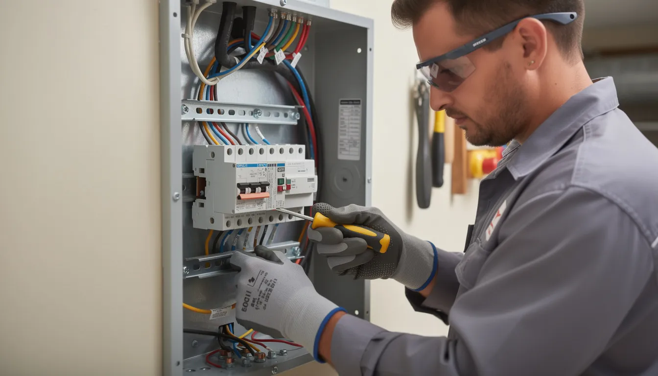 A professional electrician is seen installing a GFCI breaker in an electrical panel, specifically for a sauna circuit, ensuring safe operation for various sauna types such as traditional saunas and infrared saunas. The image captures the electrician's focus on electrical work essential for the sauna's heating system, emphasizing the importance of proper installation for a safe sauna experience.
