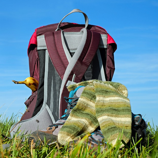 backpack, walking boots, socks