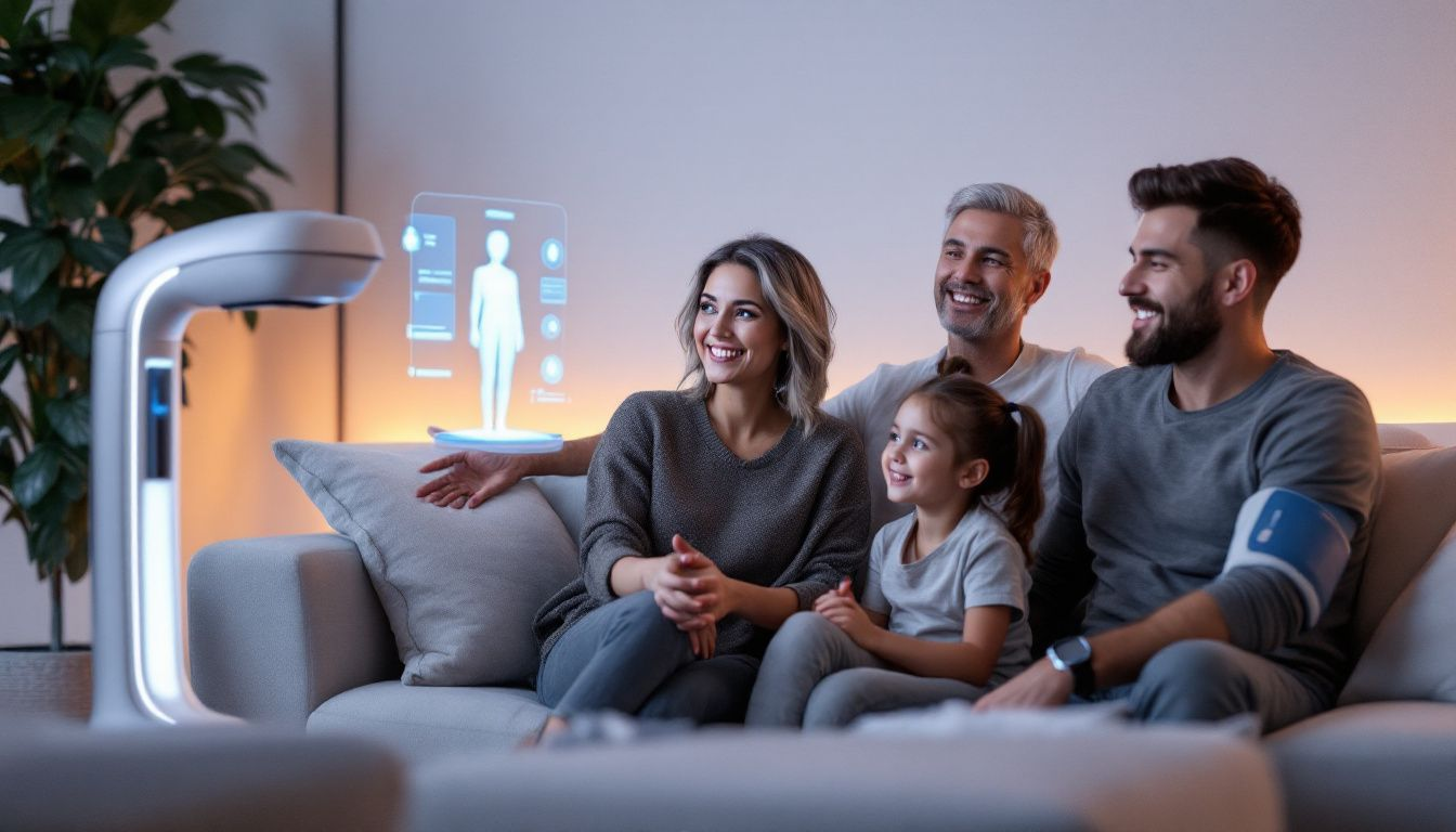 A family interacting with a mobile healthcare provider in their home, emphasizing personalized care.