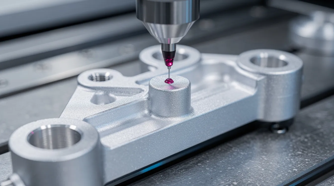 The image shows a close-up view of a coordinate measuring machine probe delicately touching a precision-machined aluminum aerospace bracket, highlighting the intricate details and tight tolerances essential in aerospace manufacturing. This setup illustrates the importance of CNC machining processes in creating high precision components for the aerospace industry.