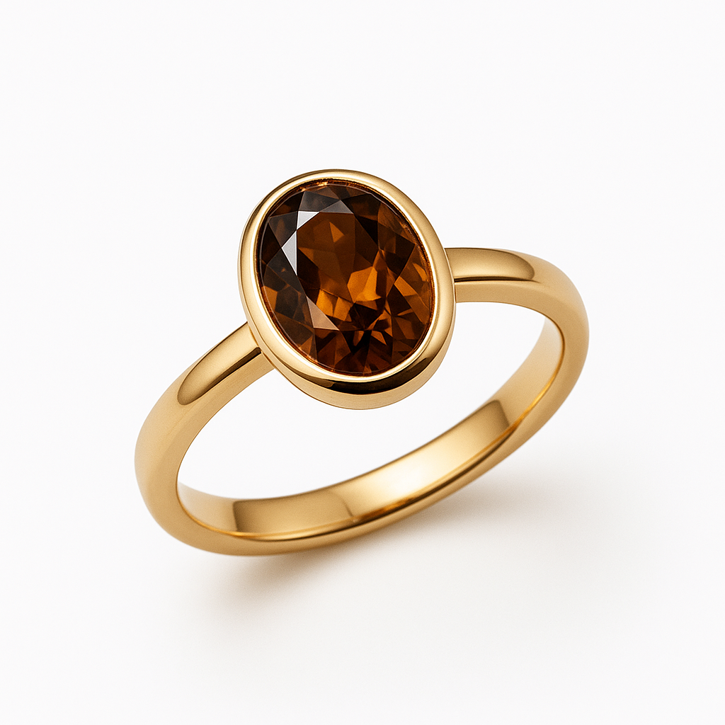 Aukso žiedas su ovalo formos rudu topazu, fotografuotas ant balto fono. Brangakmenis spindi šiltu atspalviu, elegantiškas ir minimalistinis dizainas