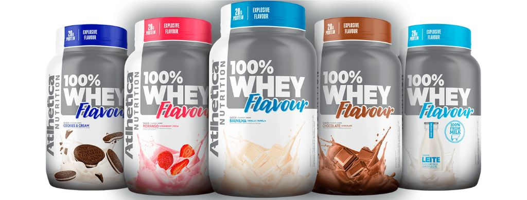 100% Whey Flavour em potes. Imagem retirada do site da Atlhetica Nutrition.