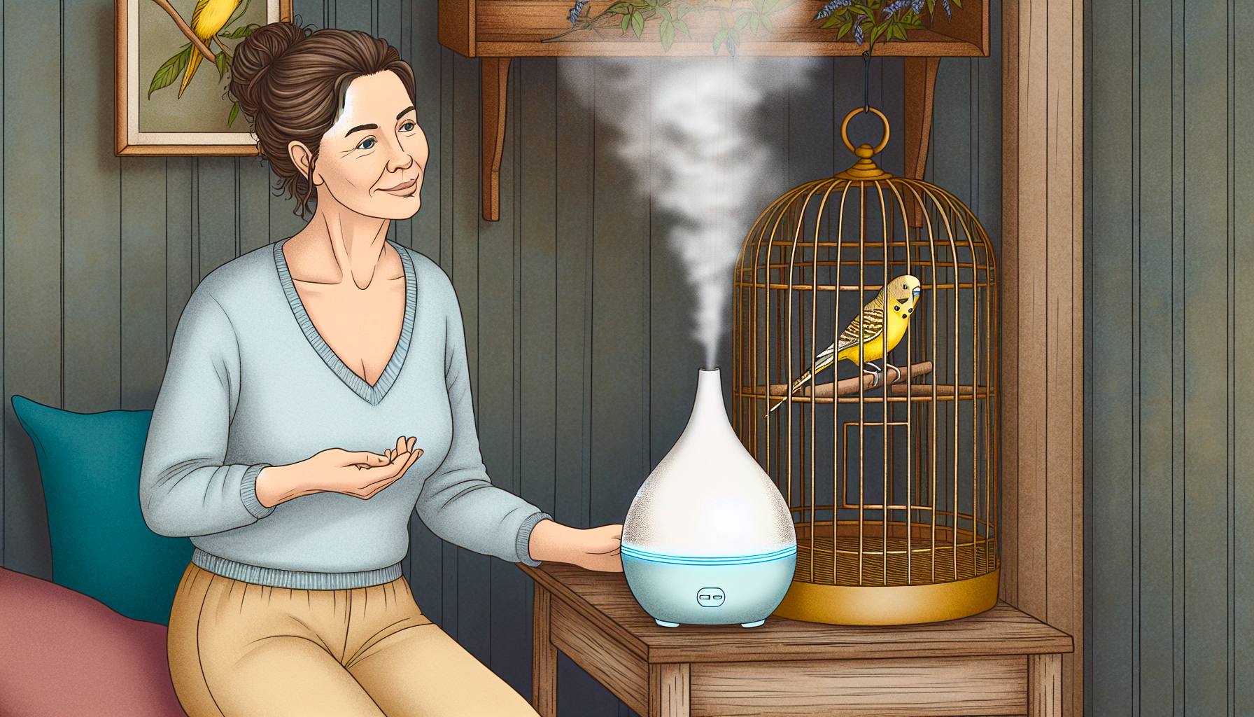 A person using a water-based essential oil diffuser near a birdcage