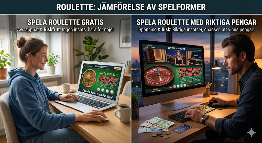 Spela roulette gratis eller med riktiga pengar – jämförelse mellan online roulette utan insats och casino spel med riktiga pengar
