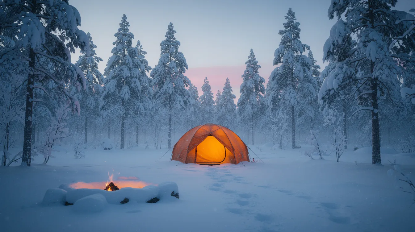 A winter campsite features a large insulated dome tent nestled among snow-covered pine trees, creating a warm and dry shelter in the cold weather. The scene captures the dusky light filtering through the trees, highlighting the snowy landscape and emphasizing the cozy atmosphere of winter camping.