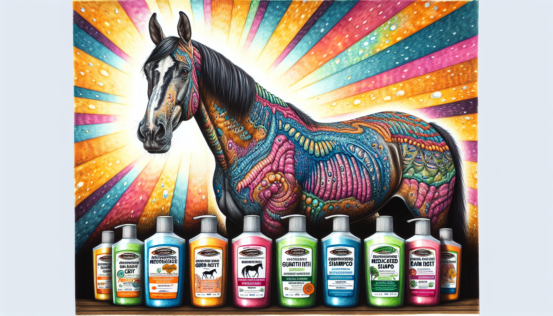 A drawing illustrating various skin issues in horses and the soothing effects of equine shampoo.