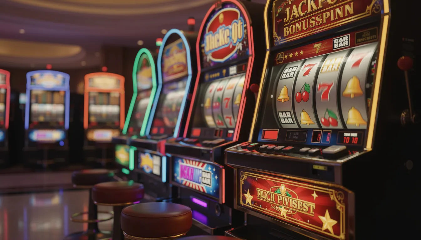 En färgglad bild av spelautomater med snurrande hjul och olika symboler som representerar olika spel. Denna typ av spel finns ofta på jackpot city casino där du kan spela online casino games och njuta av spännande free spins.