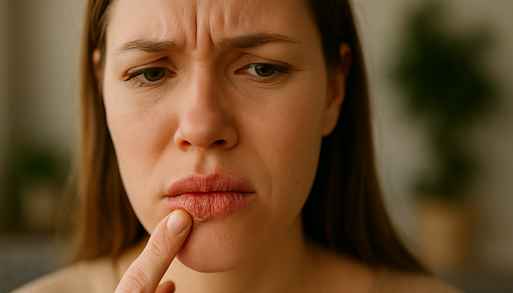 Kvinne som peker på smertefull forkjølelsessår på underleppen med bekymret uttrykk.