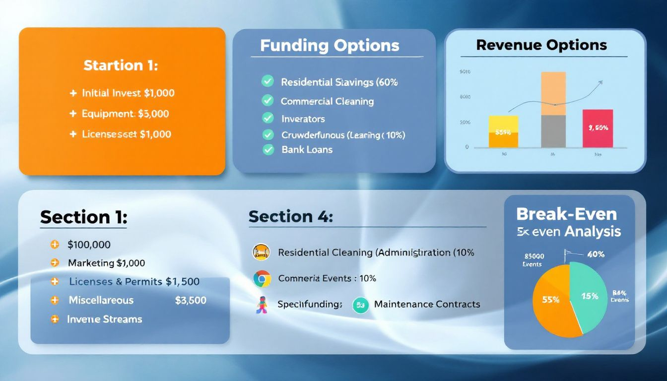 Financial planning for a cleaning business, including startup costs and funding options.