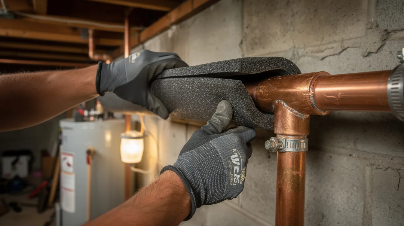 The image shows foam pipe insulation being carefully wrapped around copper pipes in a basement utility area, a crucial step in fall home maintenance to protect plumbing from freezing temperatures and ensure warm air circulates effectively during the winter season. This simple task can help save money on heating bills and prevent burst pipes as colder weather arrives.