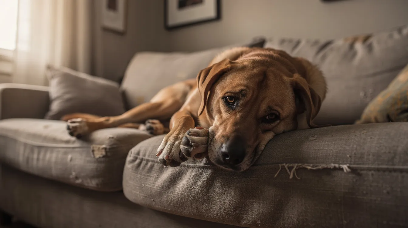 A lethargic dog lies on a couch with a dull expression and lowered head, showing signs of fatigue that may remind one of the symptoms of Addison's disease, such as low energy and weakness. The dog's demeanor suggests it may be struggling with an underlying health issue, similar to how adrenal insufficiency affects energy levels in affected individuals.