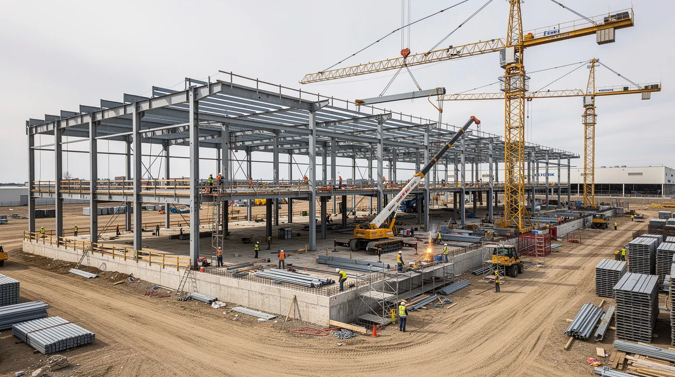 05b11446 d273 4eaf 839d d136668e4cad The image depicts the ongoing construction of a steel framework for an industrial facility, likely a soybean oil processing plant, with cranes and workers actively engaged in the building process. This major industrial investment aims to enhance soybean processing capacity, addressing the rising demand for soybean oil and meal in the market.