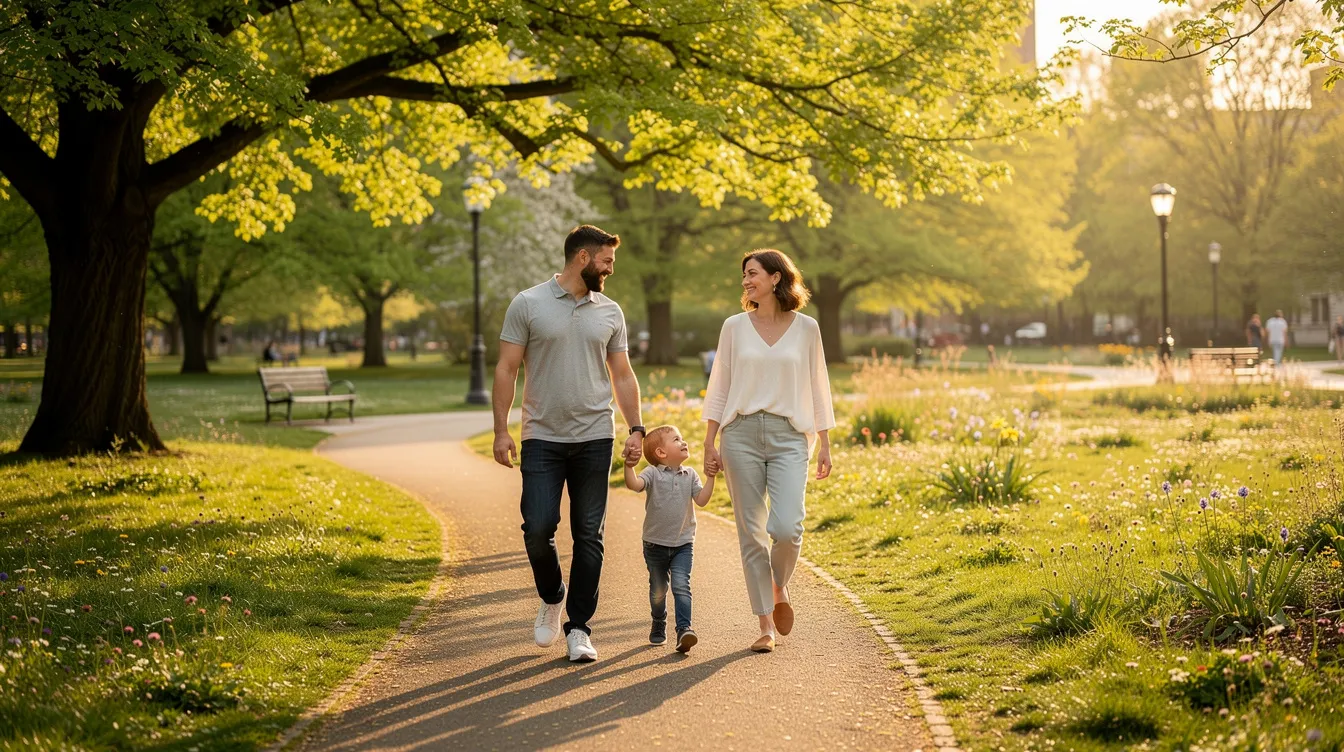 A family is seen walking together through a park surrounded by trees, enjoying a moment of connection and togetherness. This scene reflects the importance of family support, which can be essential in navigating family law matters and mediation services for resolving disputes.