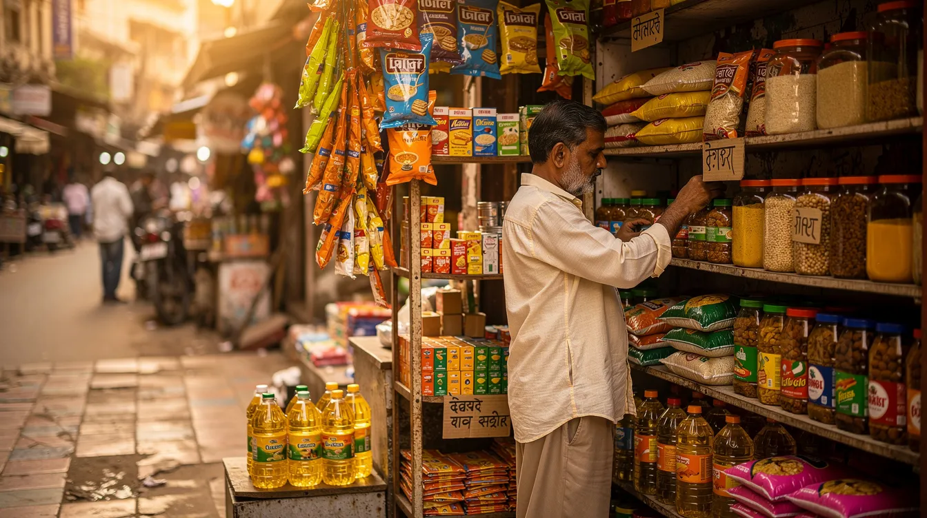 The image depicts a small grocery shop in an Indian market, where a shopkeeper is diligently arranging various products on shelves. This scene reflects the vibrant atmosphere of small businesses, essential for local economies and often needing business loans for growth and inventory management.
