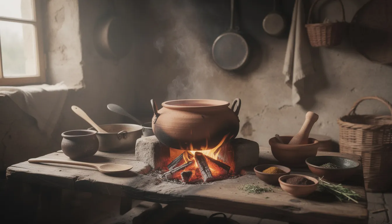 En una cocina rústica de Costa de Marfil, una olla de barro se calienta sobre un fuego de leña, de donde se eleva vapor. Alrededor, hay utensilios de cocina que sugieren la preparación de platos tradicionales como pollo en salsa y yuca.