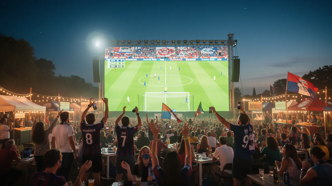 A vibrant crowd of enthusiastic fans is gathered at an outdoor watch party, eagerly watching a football match displayed on a massive LED screen. The atmosphere is filled with excitement as fans cheer for their teams, surrounded by party food, drinks, and string lights that enhance the festive mood.