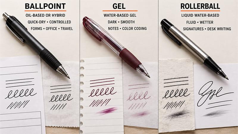 Ballpoint, gel, and rollerball pens compared by ink type, writing appearance, smudging, paper behavior, and best use