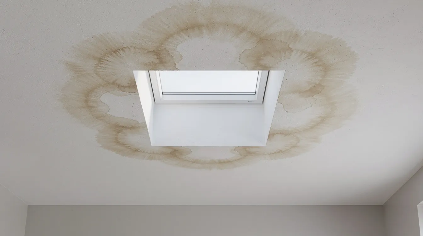 The image depicts water stain rings on a white ceiling around a rectangular skylight opening, indicating potential issues such as a leaking skylight or improper installation of the skylight frame. These stains suggest the need for professional skylight leak repair to prevent further structural damage and costly repairs.