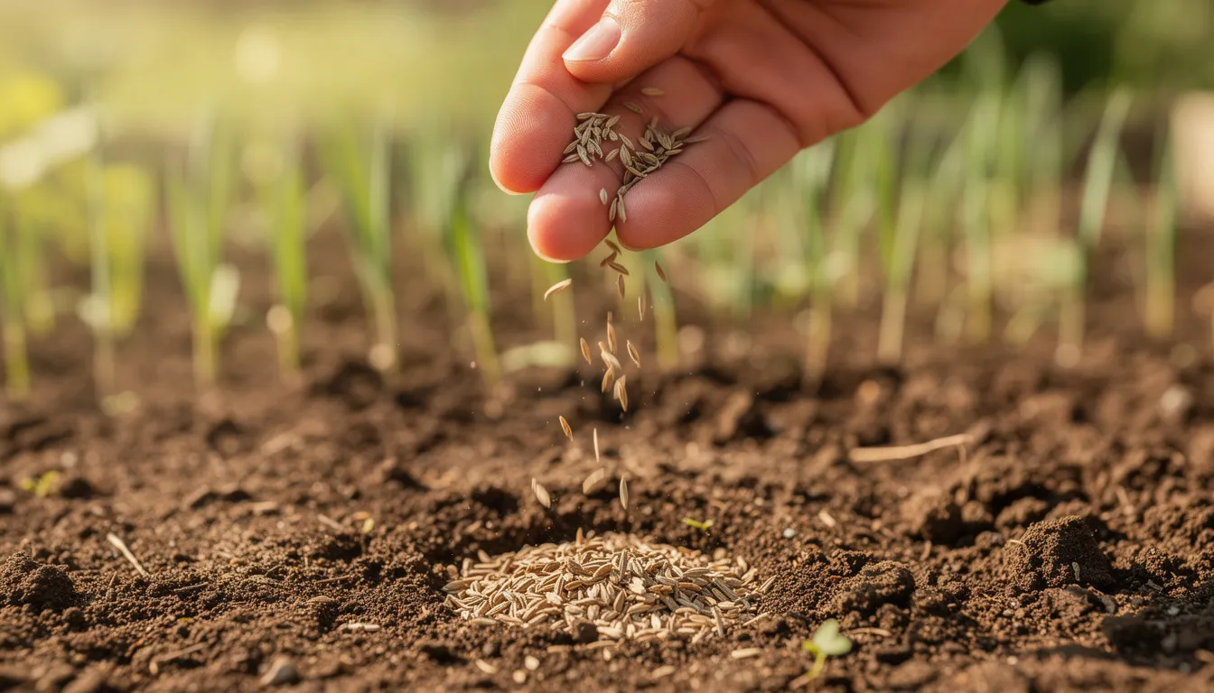 A close-up image shows a hand scattering grass seed onto prepared soil, emphasizing the importance of lawn care in achieving a vibrant and healthy garden. This action is essential for maintaining lush turf and enhancing the overall beauty of the lawn.