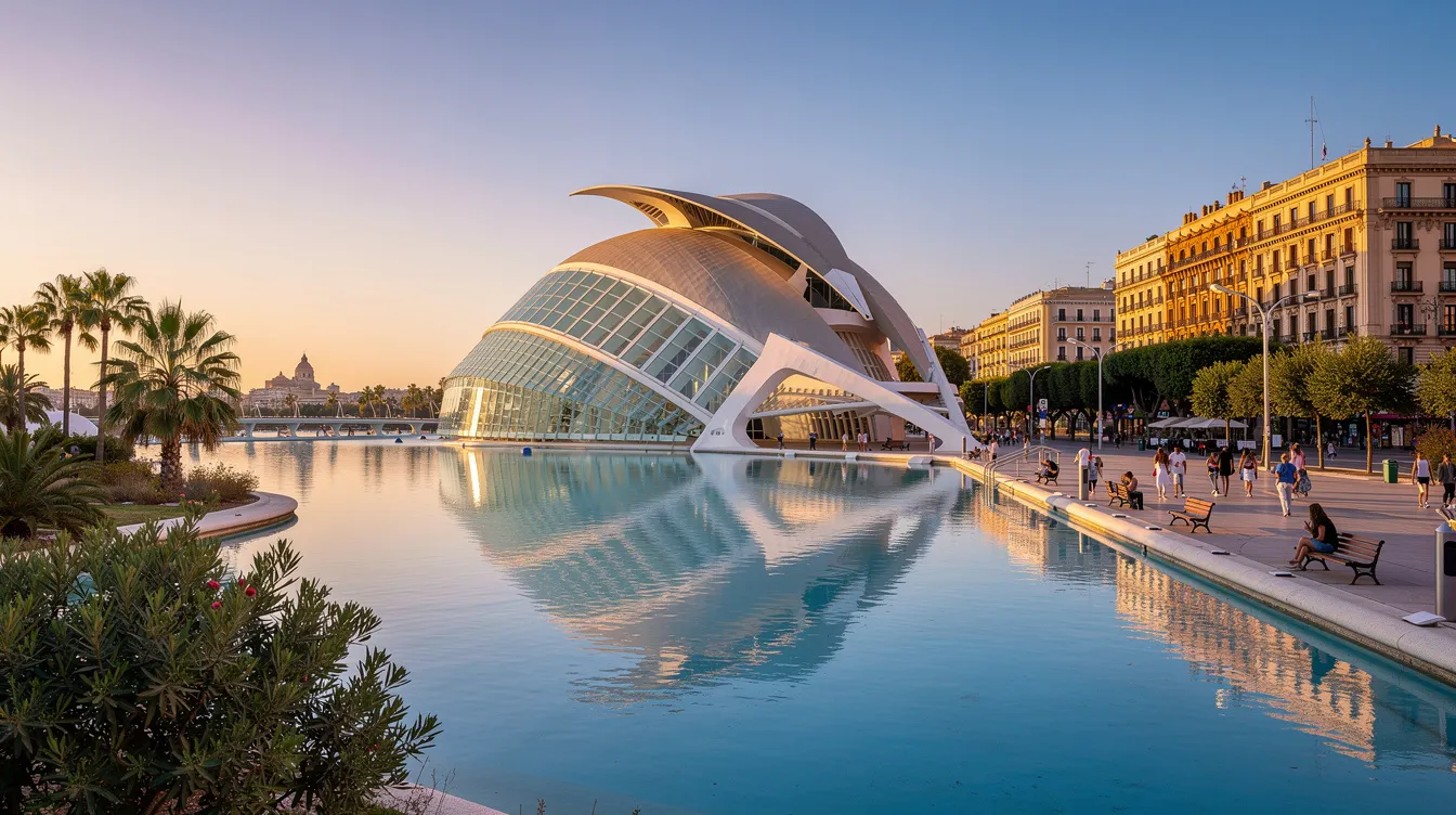 A imagem retrata o centro histórico de Valência, na Espanha, com suas ruas charmosas e edifícios históricos, refletindo a rica história e cultura da comunidade valenciana. Ao fundo, é possível ver uma vista panorâmica da cidade, destacando suas atrações turísticas e a vibrante vida noturna.