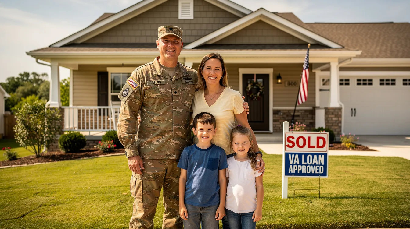 The image depicts a diverse group of military families celebrating their new homes, symbolizing the increase in homeownership through VA loans. This visual highlights the unique challenges faced by military members in Fort Gordon, Augusta, Georgia, and showcases the support provided by realtors to help them navigate the home-buying process.