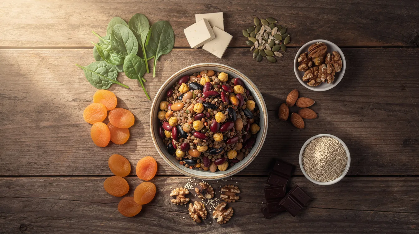 L'image montre un bol de légumineuses variées, comme des lentilles et des pois chiches, ainsi que d'autres aliments riches en fer, soigneusement disposés sur une table en bois. Ces ingrédients nutritifs peuvent aider à prévenir la carence en fer, un problème de santé courant chez certaines femmes, particulièrement en lien avec les menstruations et les règles abondantes.