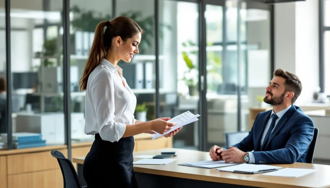 In der Abbildung reicht eine Mitarbeiterin ihren Urlaubsantrag beim HR-Manager ein, während sie von einem Arbeitsvertrag und dem gesetzlichen Urlaubsanspruch spricht. Der HR-Manager schaut interessiert auf den Antrag und notiert möglicherweise die Urlaubstage, die der Mitarbeiterin zustehen.