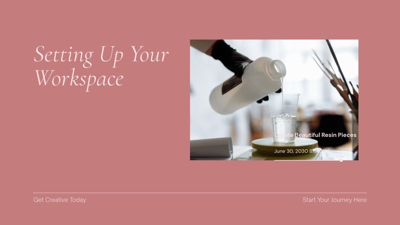 “Modern craft blog banner with soft tones and text overlay for workspace setup with resin supplies”