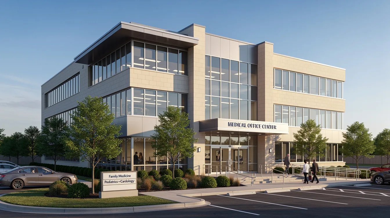 The image depicts a modern medical office building featuring professional signage, indicating a space designed for healthcare services. This facility likely supports medical practices by managing administrative tasks and enhancing patient care through efficient operations and experienced staff.