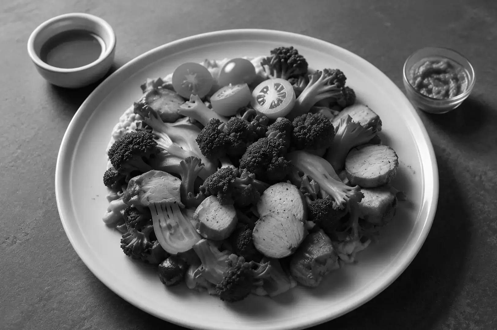 A balanced meal combining vegetables with small portions of animal-based ingredients.