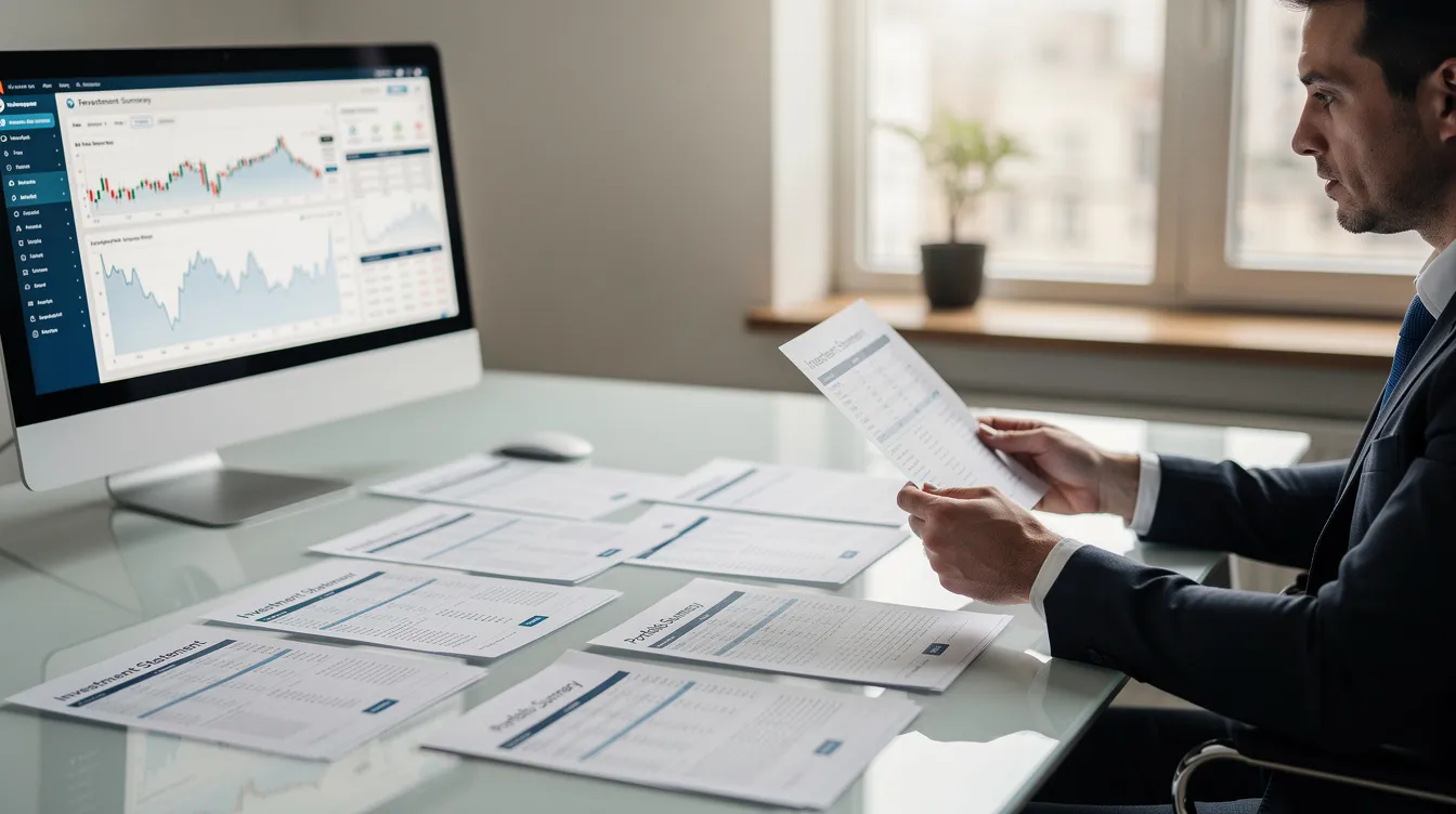 A person is seated at a desk, intently reviewing investment statements and documents related to their retirement savings accounts, including a Roth IRA. The workspace is organized, with a calculator and notes about Roth IRA contributions and strategies for high-income earners prominently displayed.